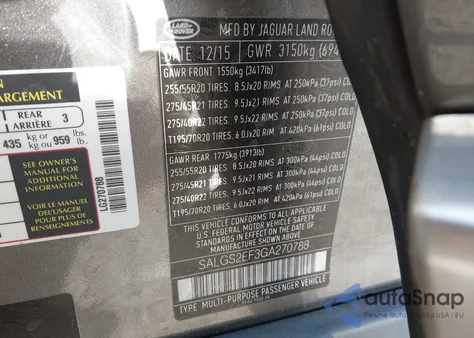 2016 Land Rover Range Rover 5.0L V8 Supercharged из США, поврежденный, VIN SALGS2EF3GA270788